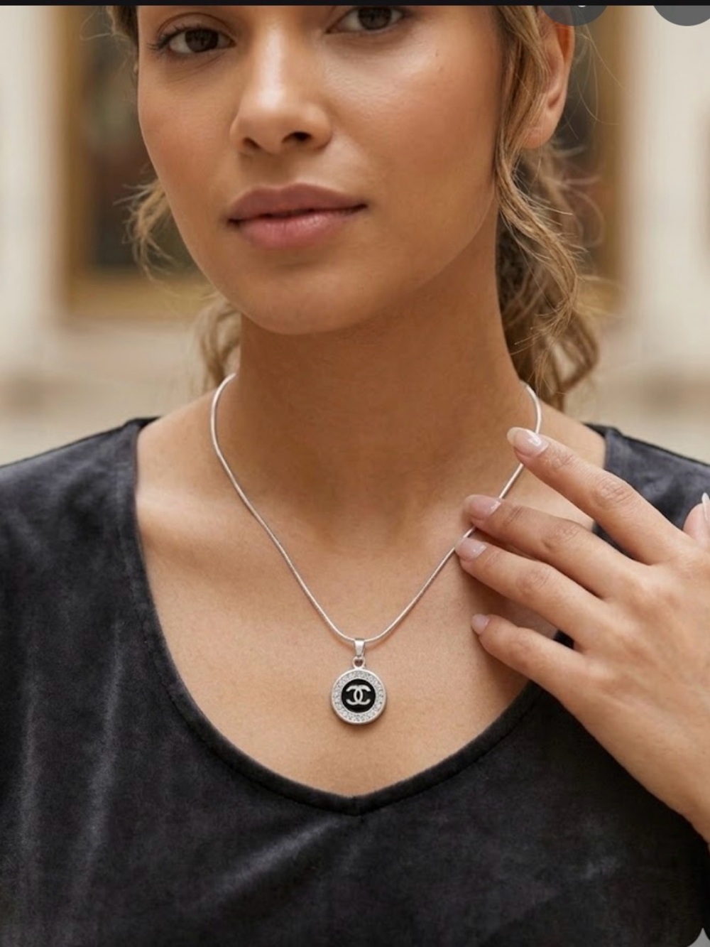Sterling Silver 925 Necklace with  round pendant, black with clear zirconia.